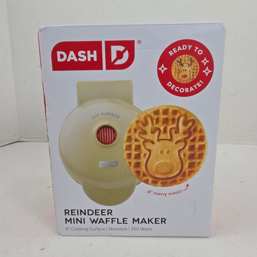Dash Reindeer Mini Waffle Maker Nonstick 4in Surface Sage Green 4" Holiday NEW